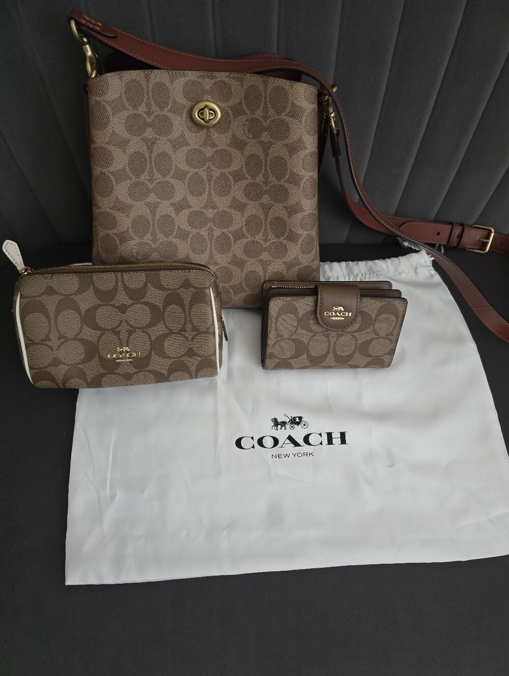 NWOT Coach Brown Signature Bucket Bag with Matching Wallet and Make -up Pouch